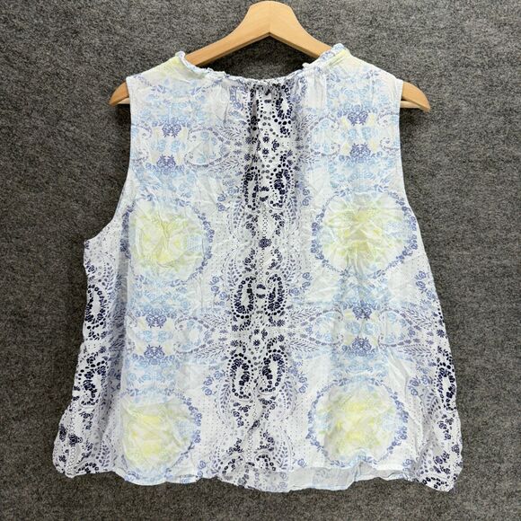 Lord + Taylor Blouse Women 2X Plus Blue Geometric V-Neck Tasseled Sleeveless - Picture 2 of 7